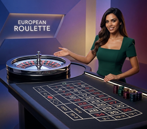 European live roulette table with a real dealer, roulette wheel, betting layout and chips.