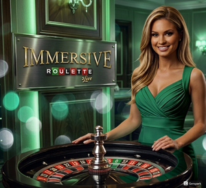 Immersive live roulette table with elegant studio lighting and a real dealer.