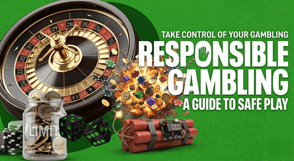 Roulette wheel, coins, dice, and explosive device, with text 
